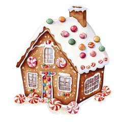 watercolor gingerbread house decorated with candy, cozy and festive, isolated on a white background