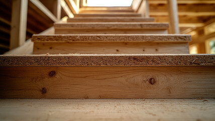 Wooden stairs under construction in a new house.