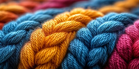 Colorful yarn close up texture of knitted fabric in vibrant hues for creative projects
