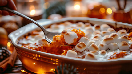Sweet potato casserole with toasted marshmallows served on festive holiday table