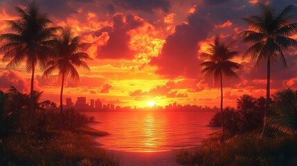 Vibrant cityscape silhouette against golden sky with silhouetted palm trees