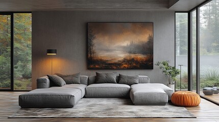 Modern grey living room with abstract posters showcasing minimalistic art decor
