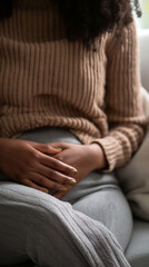 Fototapeta premium Woman Holding Stomach in Comfort While Sitting Indoors