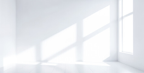 Obraz premium Sunlight Streaming Through Window, Casting Shadows on White Wall. Minimalist Interior, Home Decor, Peaceful Ambiance Concept. Cozy Minimalism 