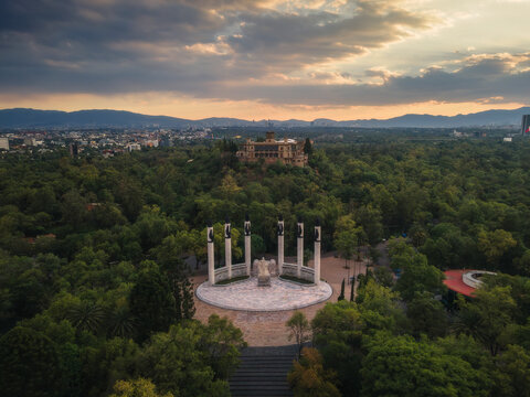 Aerial view of Castillo de Chapultepec and Bosque de Chapultepec park at sunset, Miguel Hidalgo, Mexico City, Mexico.
