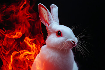A white rabbit with red eyes set against a backdrop of flames.