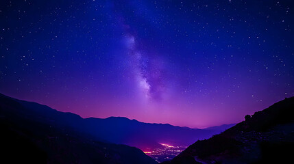 A Stunning Night Sky with the Milky Way Galaxy Shining Brightly Above a Silhouette of Mountains and a Small Town Below