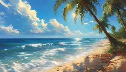 Tropical paradise with golden sands and swaying palm trees under a radiant sun