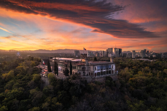 Aerial view of Castillo de Chapultepec surrounded by Bosque de Chapultepec park at sunset, Miguel Hidalgo, Mexico.