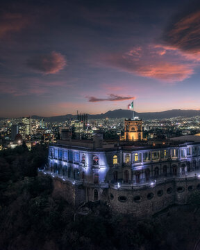 Aerial view of castillo de chapultepec surrounded by bosque de chapultepec park at sunset, Miguel Hidalgo, Mexico City, Mexico.