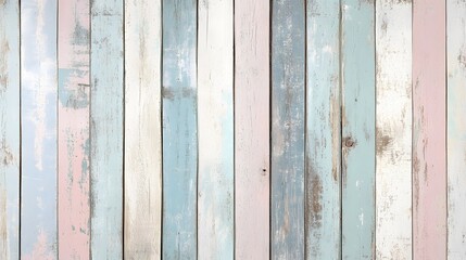 A rustic wooden panel background with vertical planks in a mix of pastel shades, including blue, pink, yellow, and lavender.