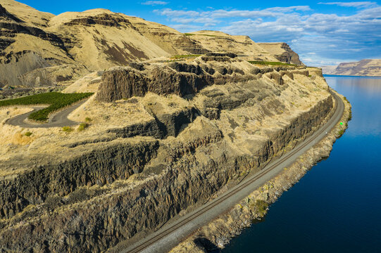 Aerial view of Wallula Vineyards with beautiful grapes surrounded by cliffs and a river, Benton County, United States.