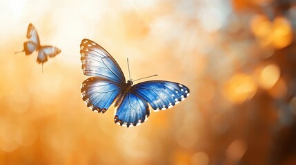 Blue Morpho Butterfly Flying in Golden Sunlight