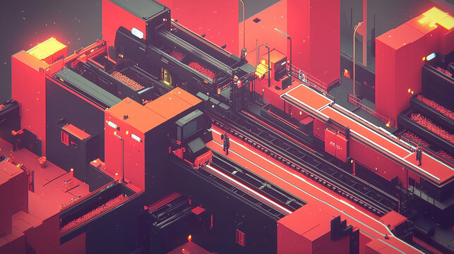 Abstract red geometric factory scene 2.5D