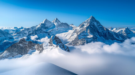 Stunning view of the majestic Swiss Alps mountain range under a clear blue sky, showcasing the beauty of Switzerland's natural landscapes.