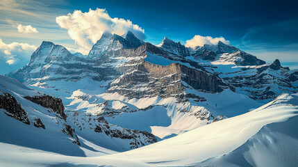 A breathtaking view of the Swiss Alps under a clear blue sky, showcasing snow-capped peaks and lush green valleys in Switzerland.