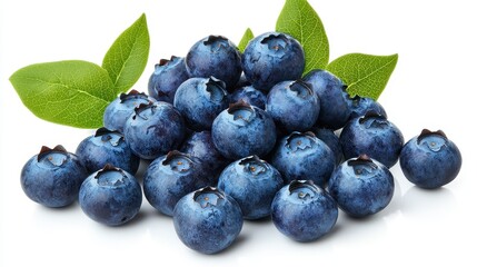 Fototapeta premium Fresh Blueberries with Green Leaves Isolated on White Background