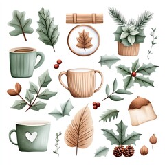 Cozy collection of seasonal elements featuring mugs, leaves, and foliage for a warm, natural aesthetic.