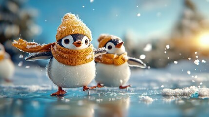 Fototapeta premium Cute penguins ice skating, cartoon-style snowy landscape