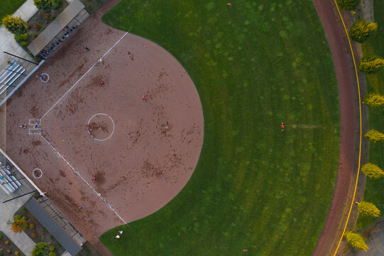 Aerial view of a vibrant softball diamond with players in action, Haydu Park, Cowlitz County, United States.