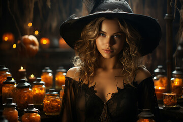 Fototapeta premium Generative AI picture of beautiful girl dressed in witch costume celebrate happy halloween day