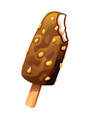 Bitten ice cream stick covered in chocolate and nuts with a crunchy texture. Vector cartoon illustration