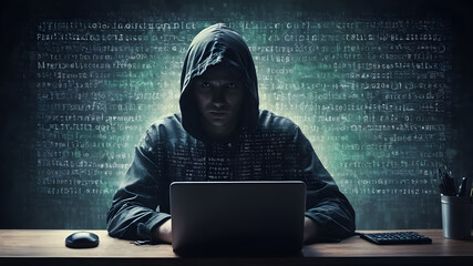 Hacker in data security concept. Silhouette of a hacker on  binary codes on background.