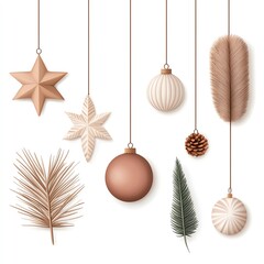 Elegant holiday decorations featuring various ornaments and natural elements in warm tones, perfect for festive designs.