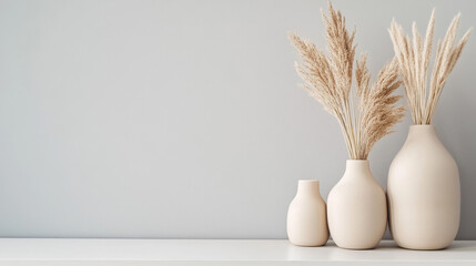 Simple beige vases with dried grass sit on a white table against a gray wall.  This minimalist setup is perfect for a Scandinavian-style home.