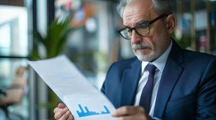 Financial Regulation:Senior executive in suit reading financial regulations, focused and serious in modern office, blurred financial charts background, emphasizing compliance and oversight in finance.
