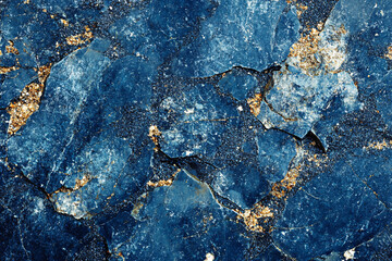 Abstract texture in shades of deep blue with scattered gold accents resembling cracked stone or...