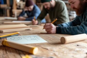 Detailed woodworking project in collaborative workshop