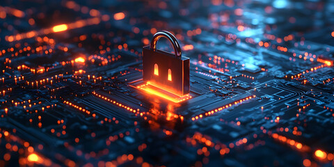 3D Illustration - Cyber Security Lock on Circuit Board with Glowing Lights