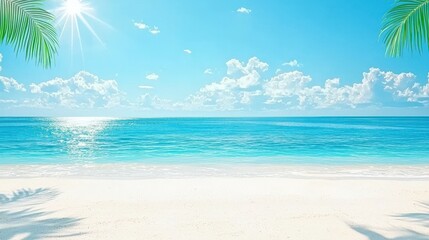 Obraz premium Tropical Beach Scene With Palm Trees and Clear Blue Sky