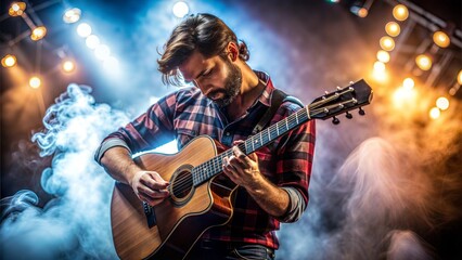 Obraz premium a portrait of a musician playing a guitar on a stage