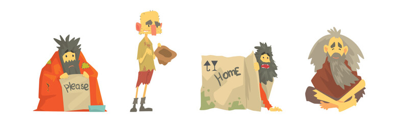 Fototapeta premium Homeless Bearded Man Beggar Characters in Rags Living on the Streets Vector Set