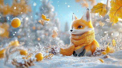 Obraz premium Fox wearing a scarf in a snowy cartoon forest, playful scene