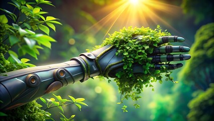 Cyborg Arm Morphing into Lush Green Foliage, Nature Meets Technology Fusion