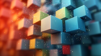 modern and minimalism 3d background of a floating cubes that merge together in authentic tactile material in green and blue, the cubes are moving in and out of the cube.