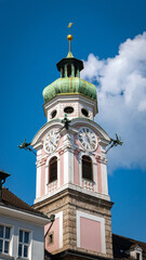 Innsbruck, Tyrol, Austria: Belfry of the Spitalskirche zum Heiligen Geist (Hospital Church of the Holy Spirit) in Maria-Theresien Street