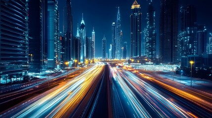 Naklejka premium Nighttime cityscape with light trails and skyscrapers.