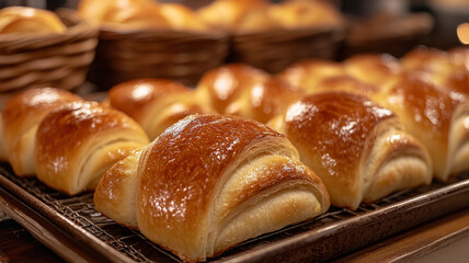 Close-up of freshly baked golden buns on a tray.