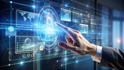 A hand interacting with a floating, translucent digital interface displaying futuristic data and holograms.
