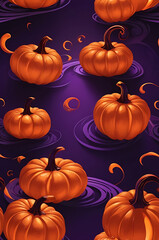 Abstract glowing pumpkins and swirling shadows, with a deep violet background and fiery red-orange accents. The center is left dark for advertising copy.