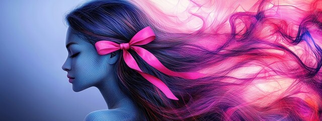 A woman with a bow in her hair is the main focus of the image, symbolizing the power and hope associated with Breast Cancer Awareness