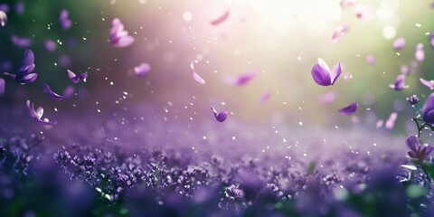 Purple petals float in a dreamy, ethereal light above a field of tiny blossoms.