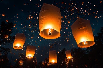 Floating sky lanterns illuminate the night sky during a festive celebration.