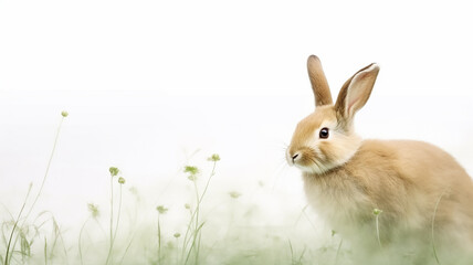 rabbit, Easter spring greeting, young green grass on a white background of nature, wild animal in the field