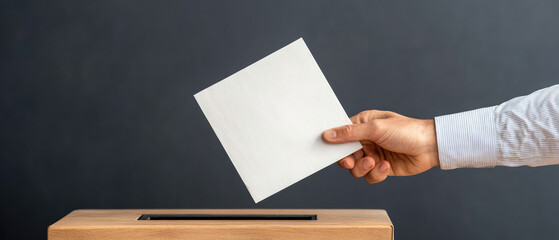 A close-up of a hand dropping a mail-in ballot into an official election dropbox, emphasizing the importance of absentee voting in the electoral process.