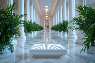 Fototapeta premium Luxury Hotel Lobby with White Columns and Marble Flooring, Elegant Entrance with Greenery, Concierge Welcoming Guests at Check-in, Personalized Assistance for a Memorable Stay